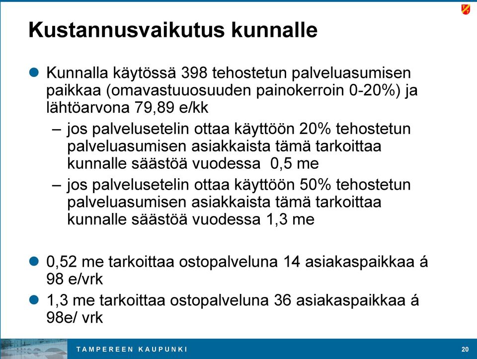 jos palvelusetelin ottaa käyttöön 50% tehostetun palveluasumisen asiakkaista tämä tarkoittaa kunnalle säästöä vuodessa 1,3 me 0,52 me