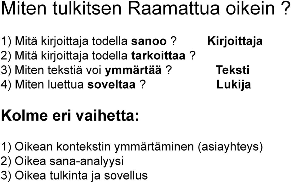 3) Miten tekstiä voi ymmärtää? Teksti 4) Miten luettua soveltaa?