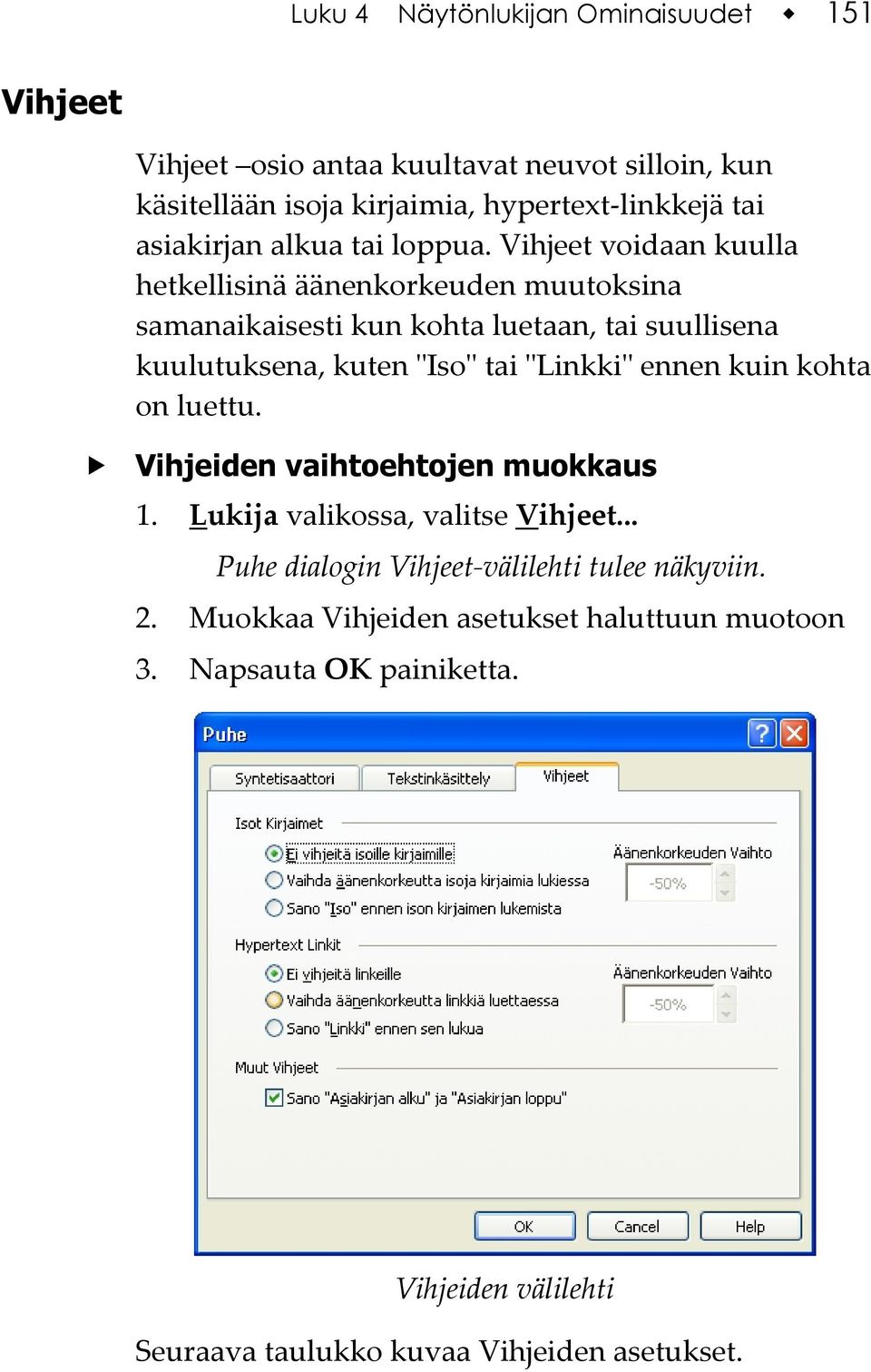 Vihjeet voidaan kuulla hetkellisinä äänenkorkeuden muutoksina samanaikaisesti kun kohta luetaan, tai suullisena kuulutuksena, kuten ʺIsoʺ tai ʺLinkkiʺ