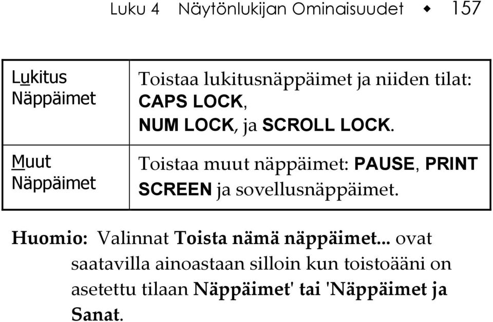 Toistaa muut näppäimet: PAUSE, PRINT SCREEN ja sovellusnäppäimet.