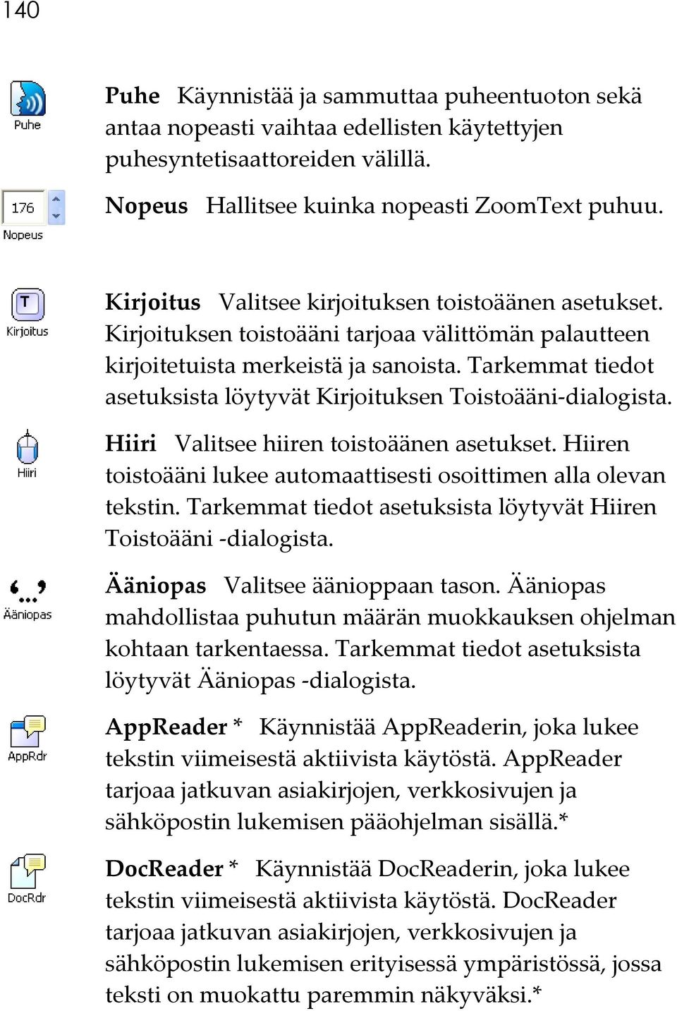 Tarkemmat tiedot asetuksista löytyvät Kirjoituksen Toistoääni-dialogista. Hiiri Valitsee hiiren toistoäänen asetukset. Hiiren toistoääni lukee automaattisesti osoittimen alla olevan tekstin.