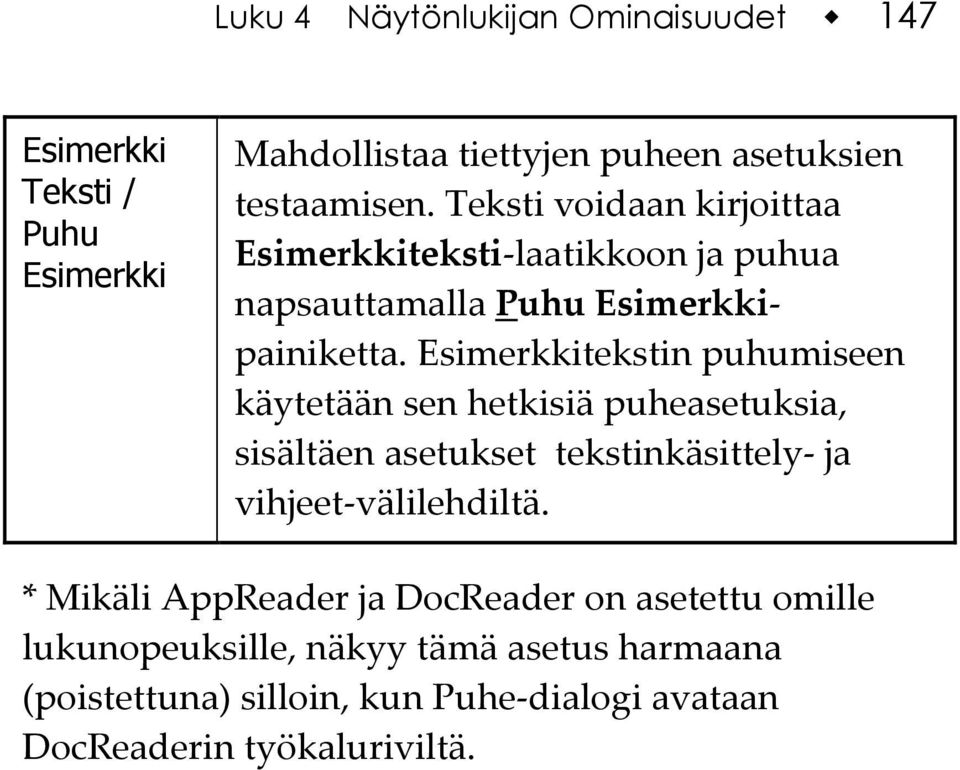 Esimerkkitekstin puhumiseen käytetään sen hetkisiä puheasetuksia, sisältäen asetukset tekstinkäsittely- ja vihjeet-välilehdiltä.