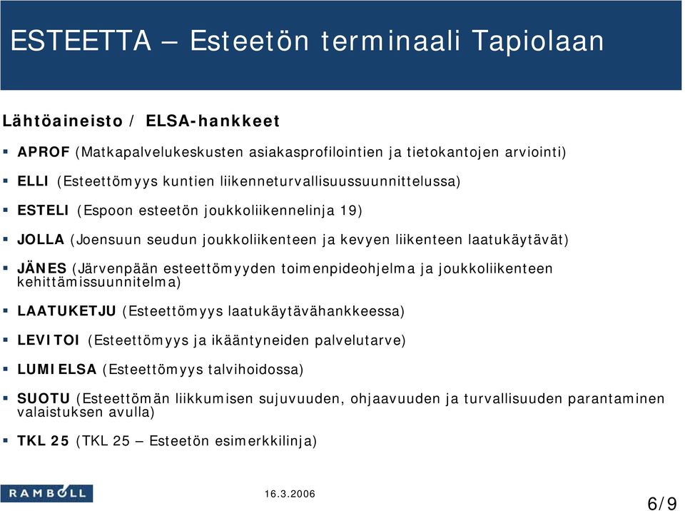 toimenpideohjelma ja joukkoliikenteen kehittämissuunnitelma) LAATUKETJU (Esteettömyys laatukäytävähankkeessa) LEVITOI (Esteettömyys ja ikääntyneiden palvelutarve)