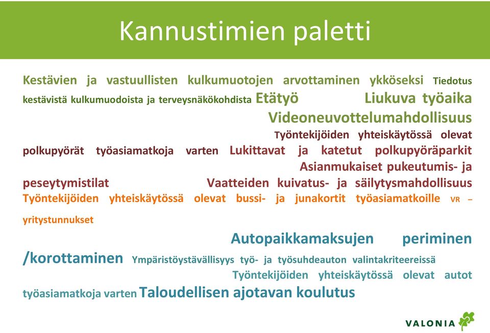 ja katetut polkupyöräparkit Työnantajan tarjoama vuosittainen polkupyörähuolto Asianmukaiset pukeutumis- ja peseytymistilat Työsuhdepolkupyörä Vaatteiden kuivatus- ja säilytysmahdollisuus