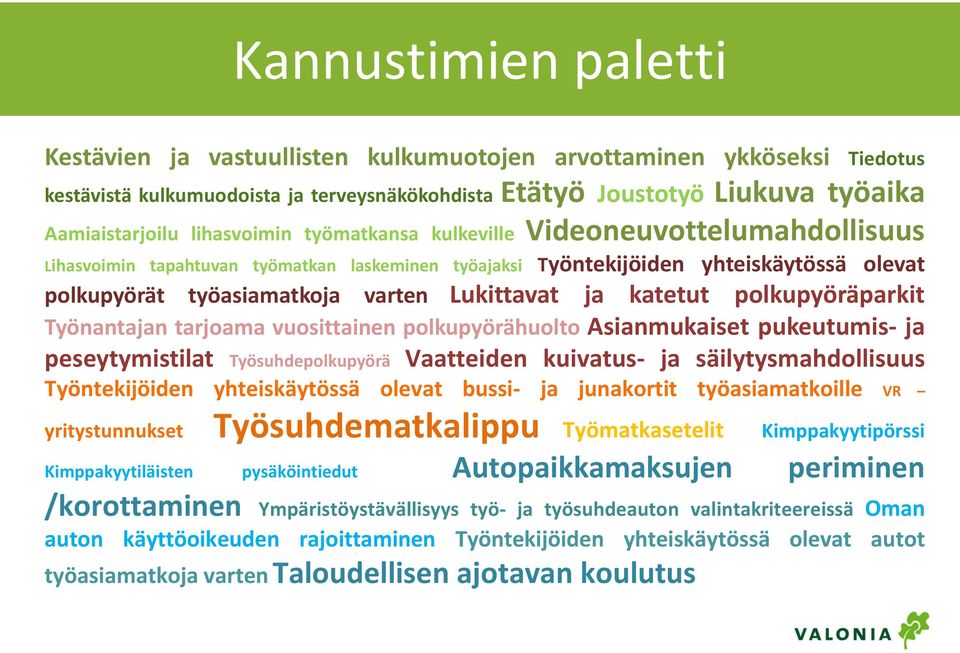 ja katetut polkupyöräparkit Työnantajan tarjoama vuosittainen polkupyörähuolto Asianmukaiset pukeutumis- ja peseytymistilat Työsuhdepolkupyörä Vaatteiden kuivatus- ja säilytysmahdollisuus