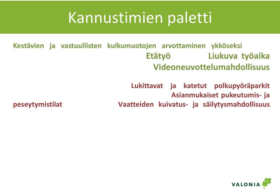 ja katetut polkupyöräparkit Työnantajan tarjoama vuosittainen polkupyörähuolto Asianmukaiset pukeutumis- ja peseytymistilat Työsuhdepolkupyörä Vaatteiden kuivatus- ja säilytysmahdollisuus