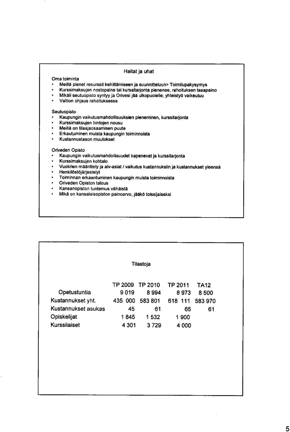 Kurssimaksujen hintojen nousu. Meilla on laajaosaamisen puute. Erkautuminen muista kaupungin loiminnoista.