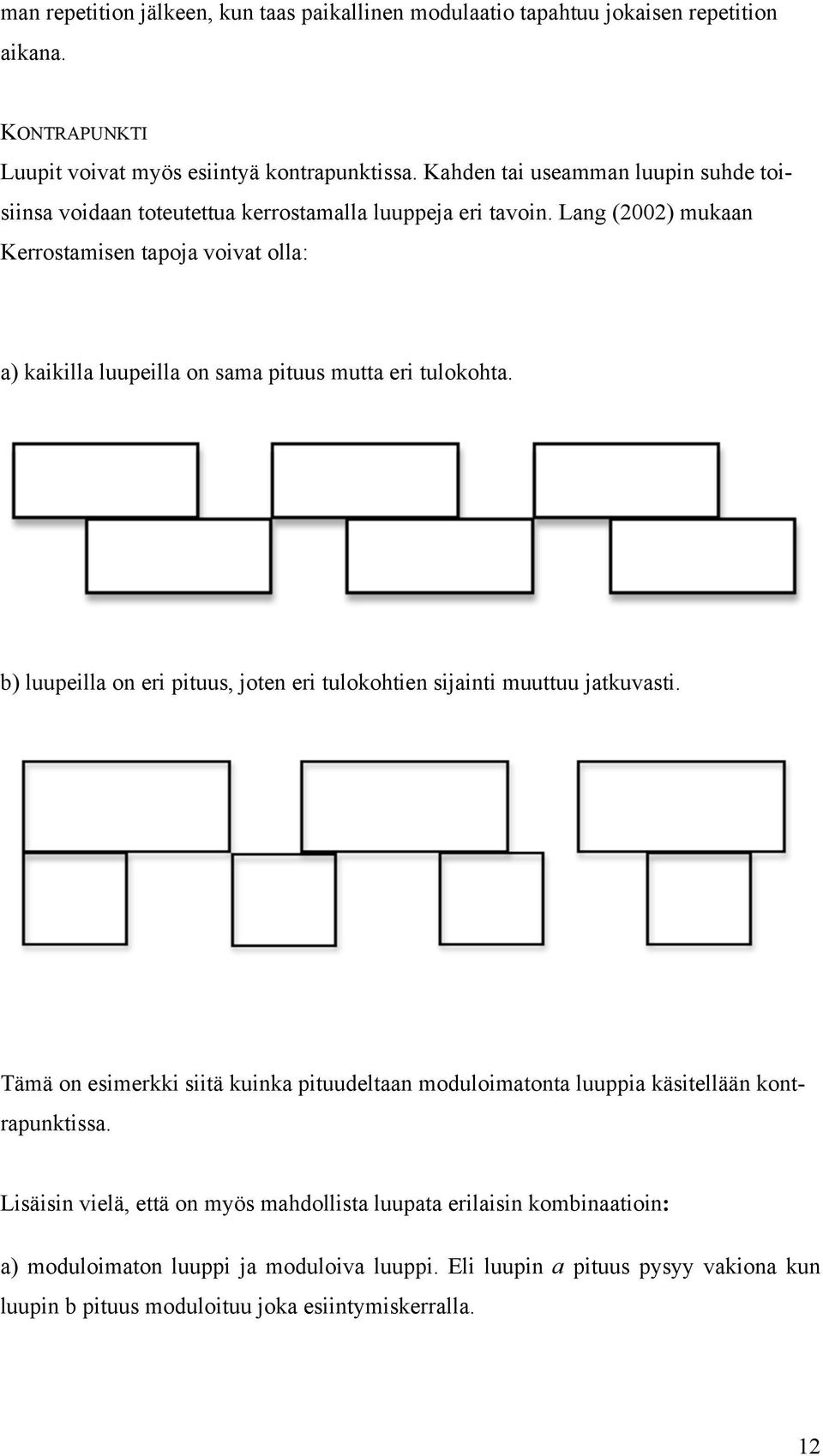 Lang (2002) mukaan Kerrostamisen tapoja voivat olla: a) kaikilla luupeilla on sama pituus mutta eri tulokohta.