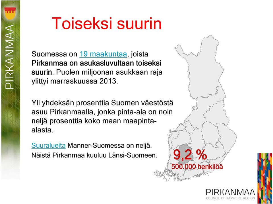 Yli yhdeksän prosenttia Suomen väestöstä asuu Pirkanmaalla, jonka pinta-ala on noin neljä