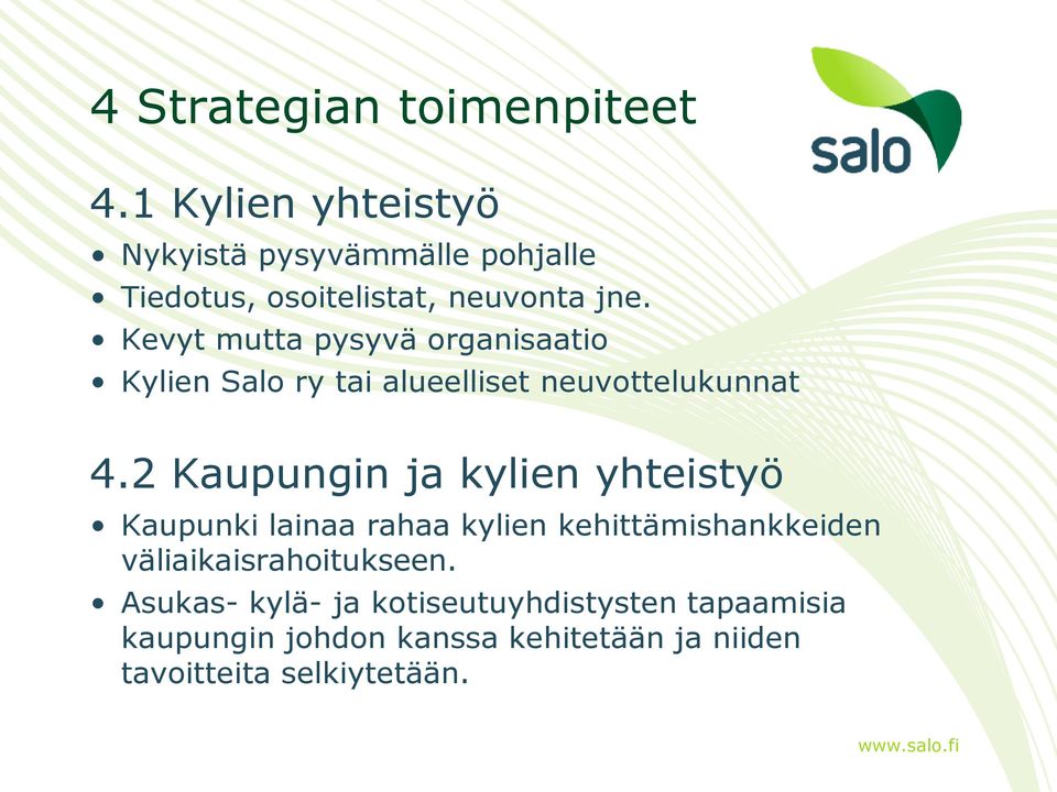 Kevyt mutta pysyvä organisaatio Kylien Salo ry tai alueelliset neuvottelukunnat 4.