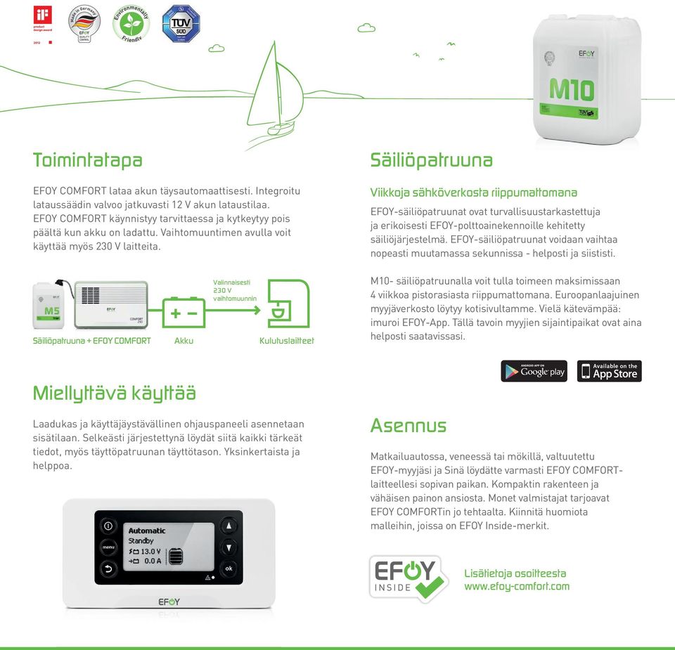 Valinnaisesti 230 V vaihtomuunnin Säiliöpatruuna + EFOY COMFORT Akku Kulutuslaitteet Säiliöpatruuna Viikkoja sähköverkosta riippumattomana EFOY-säiliöpatruunat ovat turvallisuustarkastettuja ja