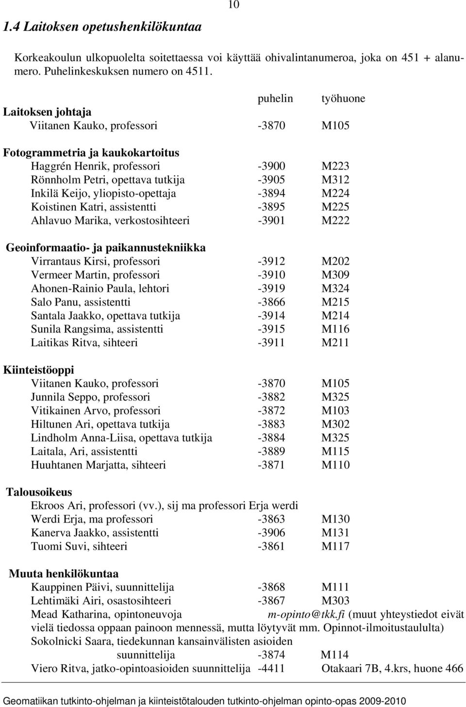 Keijo, yliopisto-opettaja -3894 M224 Koistinen Katri, assistentti -3895 M225 Ahlavuo Marika, verkostosihteeri -3901 M222 Geoinformaatio- ja paikannustekniikka Virrantaus Kirsi, professori -3912 M202