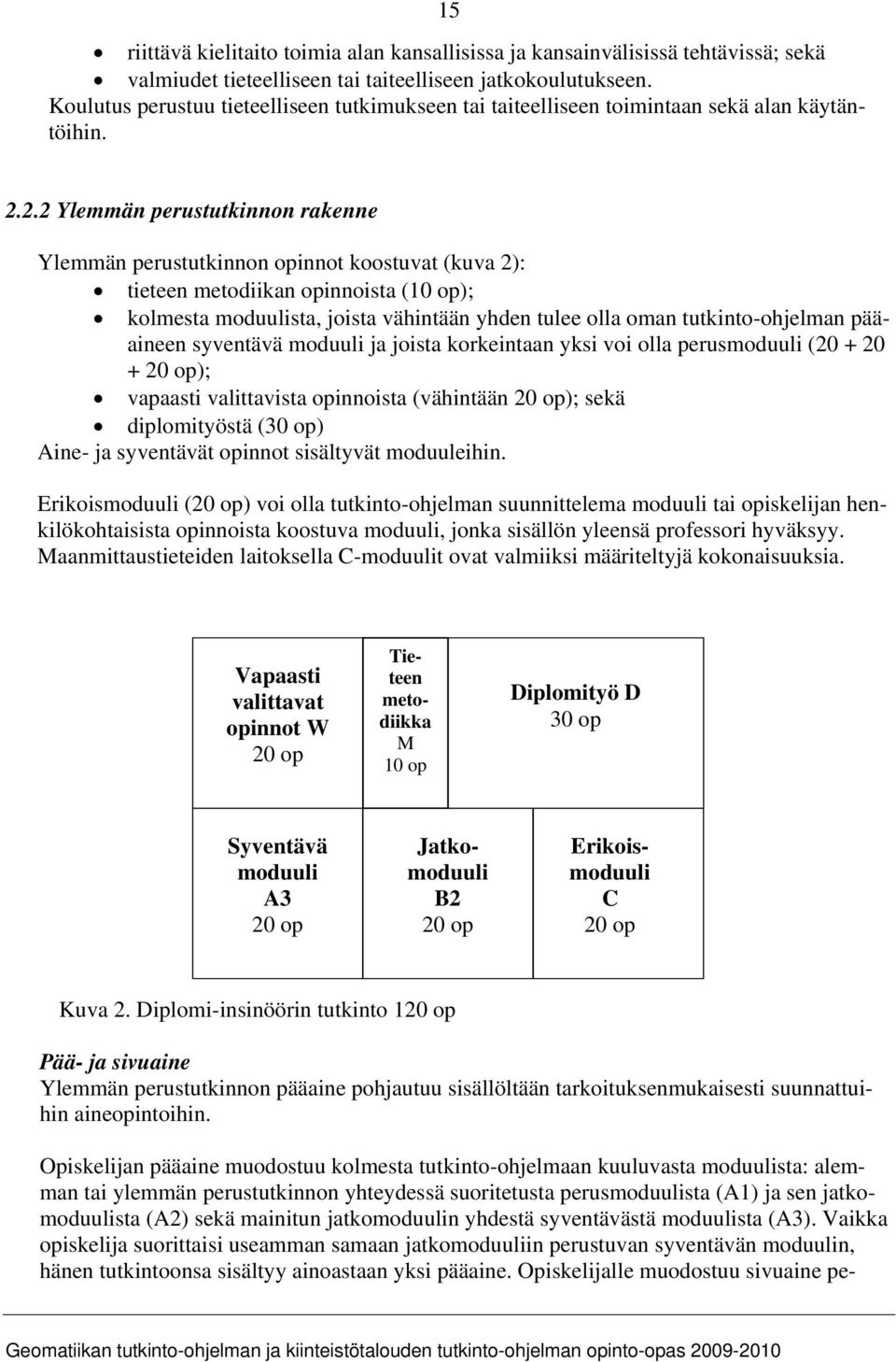 2.2 Ylemmän perustutkinnon rakenne Ylemmän perustutkinnon opinnot koostuvat (kuva 2): tieteen metodiikan opinnoista (10 op); kolmesta moduulista, joista vähintään yhden tulee olla oman