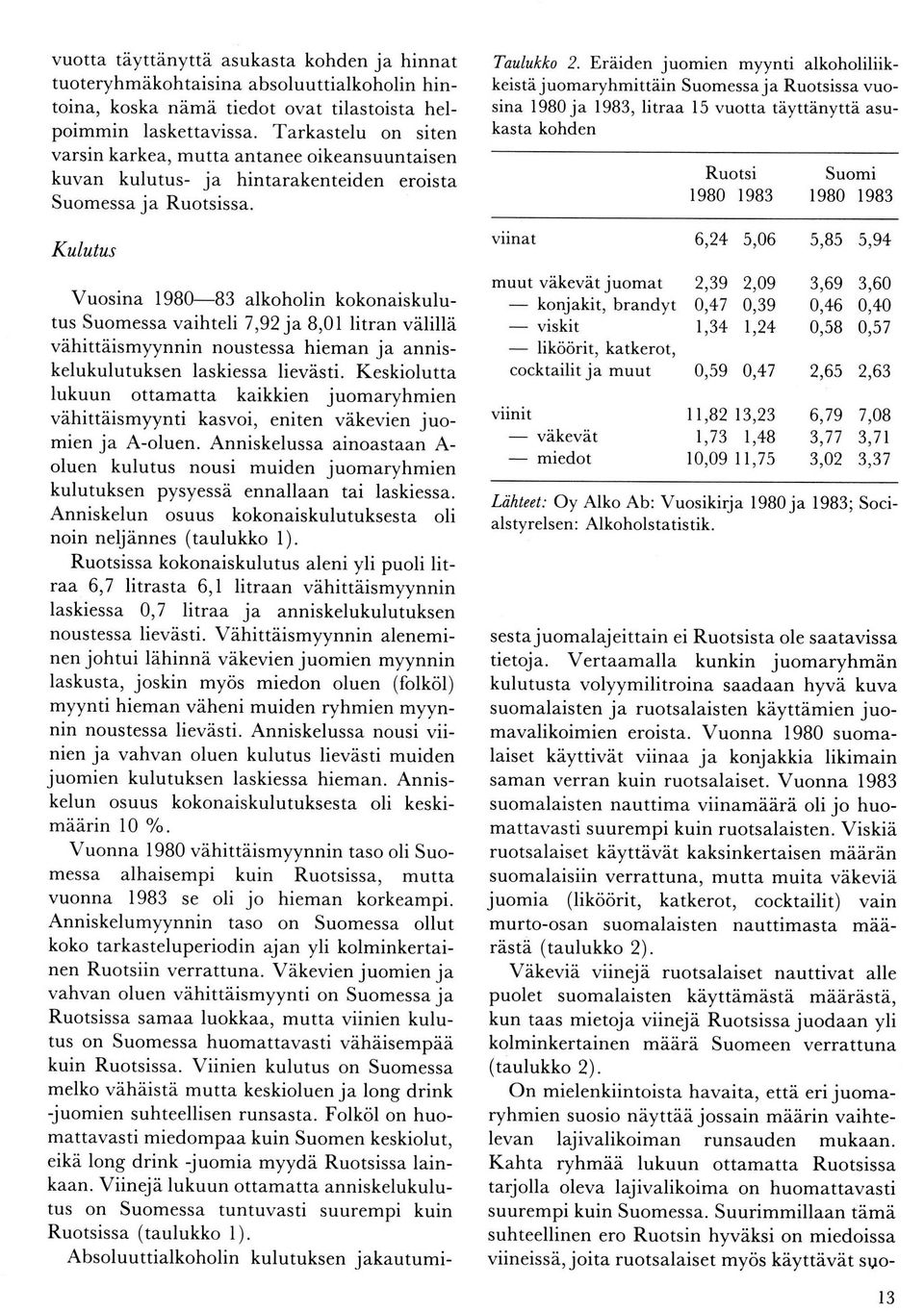 s Vuosina l980-83 alkoholin kokonaiskulutus Suomessa vaihteli 7,92 ja B,0l litran välillä vähittäismyynnin noustessa hieman ja anniskelukulutuksen laskiessa lievästi.