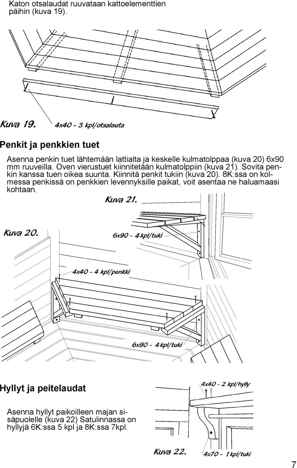 Oven vierustuet kiinnitetään kulmatolppiin (kuva 21). Sovita penkin kanssa tuen oikea suunta. Kiinnitä penkit tukiin (kuva 20).