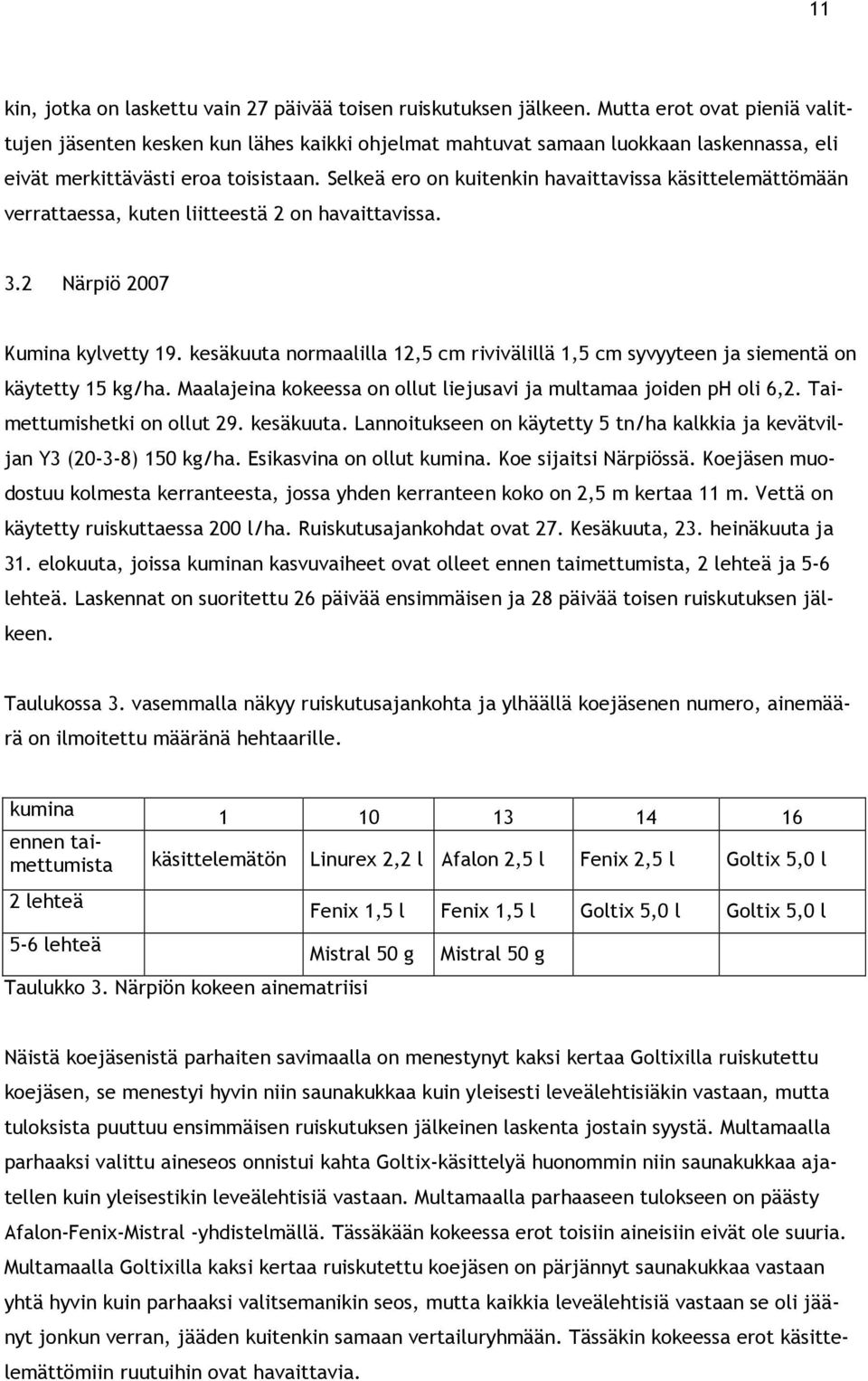 Selkeä ero on kuitenkin havaittavissa käsittelemättömään verrattaessa, kuten liitteestä 2 on havaittavissa. 3.2 Närpiö 2007 Kumina kylvetty 19.