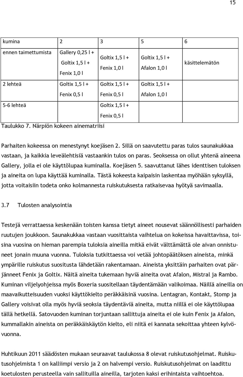 Sillä on saavutettu paras tulos saunakukkaa vastaan, ja kaikkia leveälehtisiä vastaankin tulos on paras. Seoksessa on ollut yhtenä aineena Gallery, jolla ei ole käyttölupaa kuminalla. Koejäsen 5.