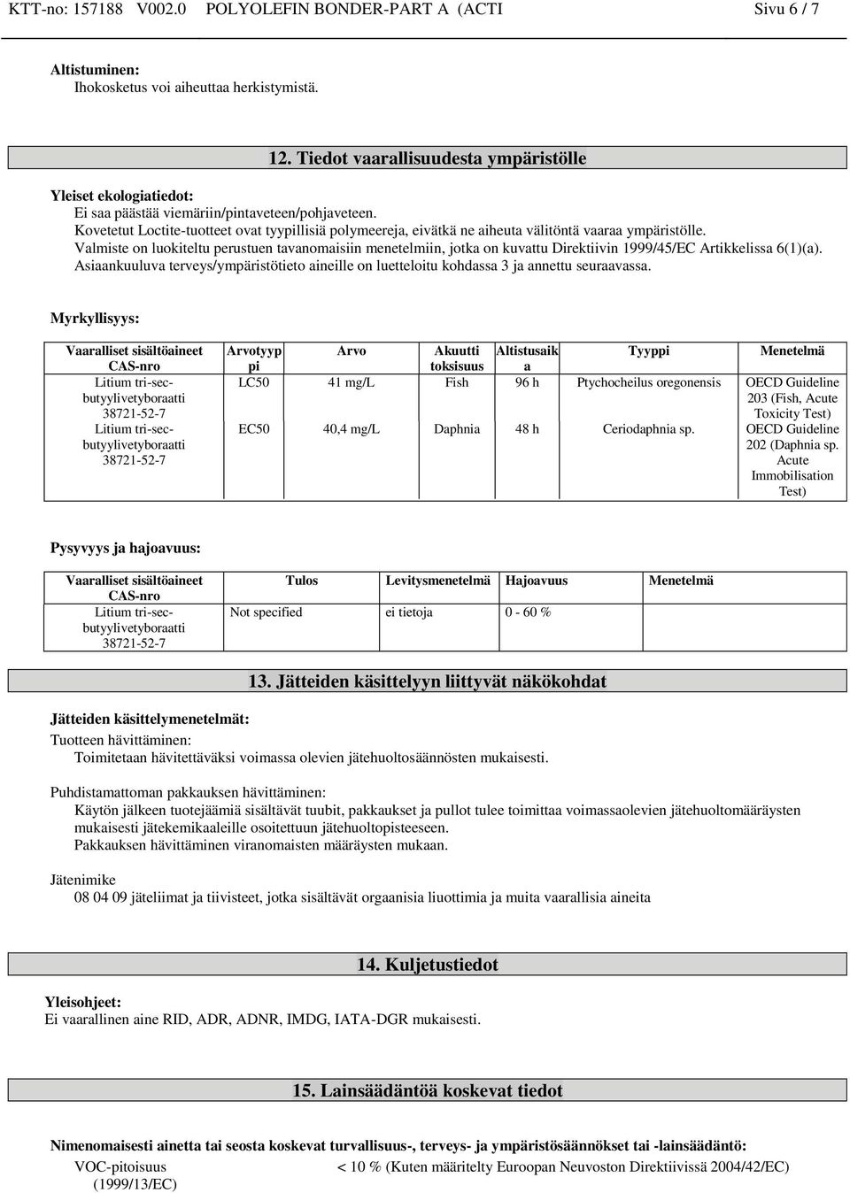 Kovetetut Loctite-tuotteet ovat tyypillisiä polymeereja, eivätkä ne aiheuta välitöntä vaaraa ympäristölle.