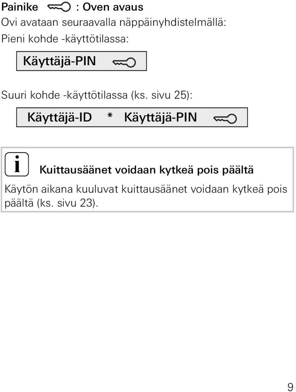 sivu 5): i Käyttäjä-ID * Käyttäjä-PIN Kuittausäänet voidaan kytkeä pois