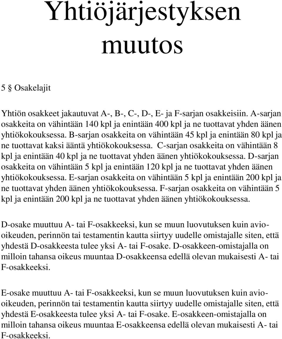 B-sarjan osakkeita on vähintään 45 kpl ja enintään 80 kpl ja ne tuottavat kaksi ääntä yhtiökokouksessa.