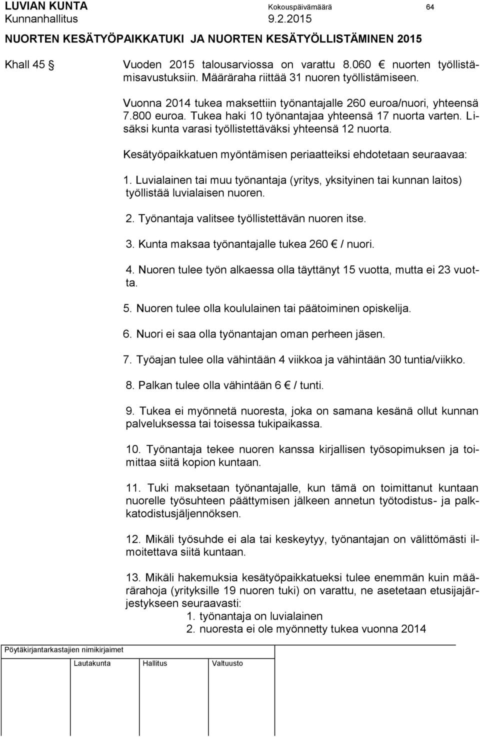 Lisäksi kunta varasi työllistettäväksi yhteensä 12 nuorta. Kesätyöpaikkatuen myöntämisen periaatteiksi ehdotetaan seuraavaa: 1.