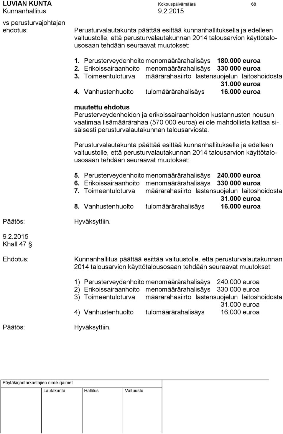 Toimeentuloturva määrärahasiirto lastensuojelun laitoshoidosta 31.000 euroa 4. Vanhustenhuolto tulomäärärahalisäys 16.