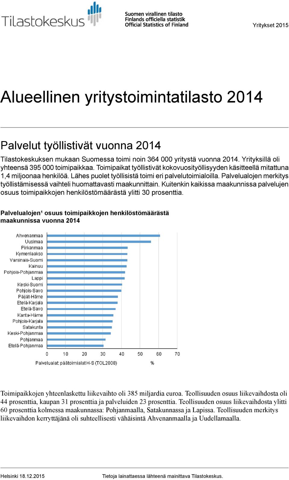 Palvelualojen merkitys työllistämisessä vaihteli huomattavasti maakunnittain. Kuitenkin kaikissa maakunnissa palvelujen osuus toimipaikkojen henkilöstömäärästä ylitti 30 prosenttia.