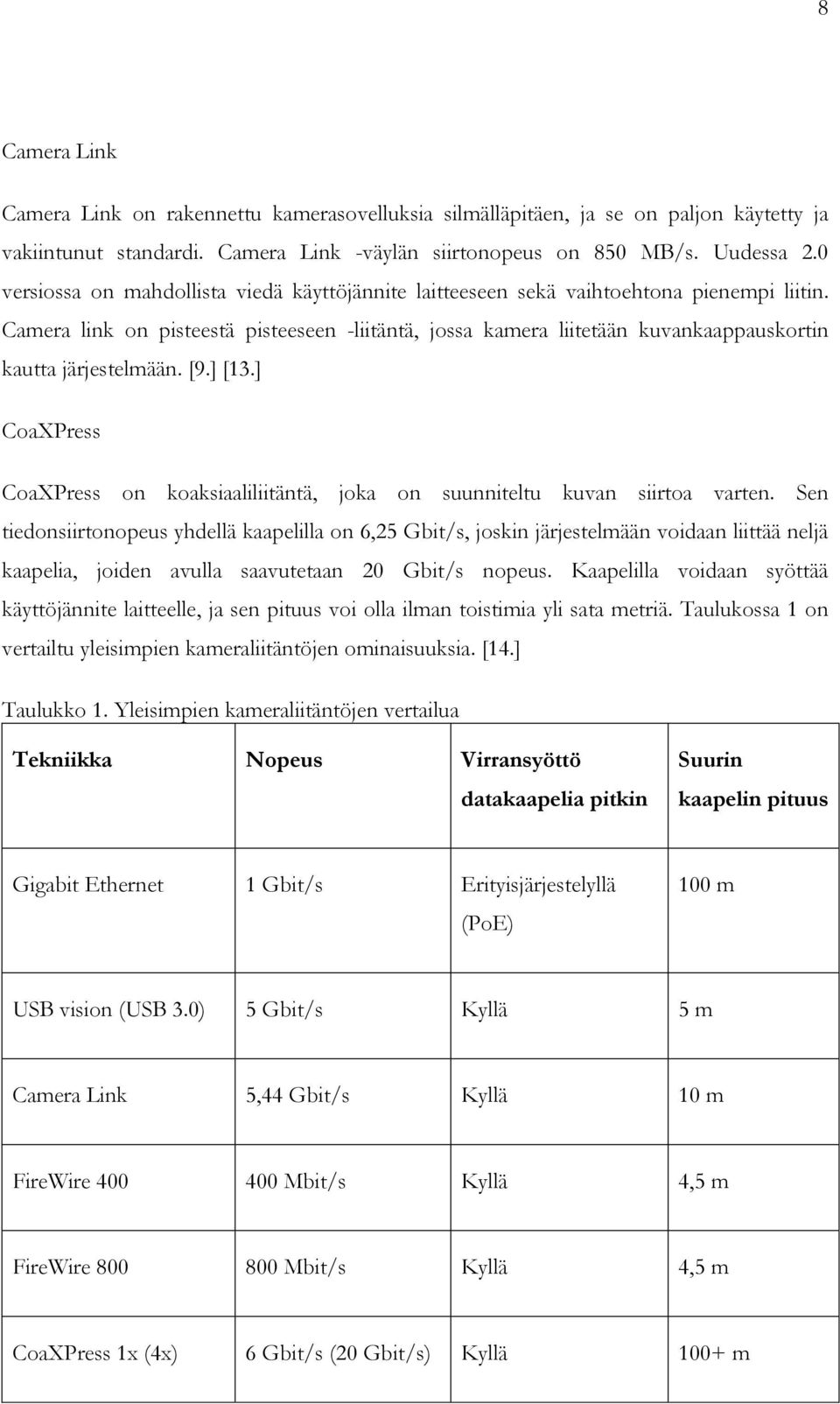 Camera link on pisteestä pisteeseen -liitäntä, jossa kamera liitetään kuvankaappauskortin kautta järjestelmään. [9.] [13.