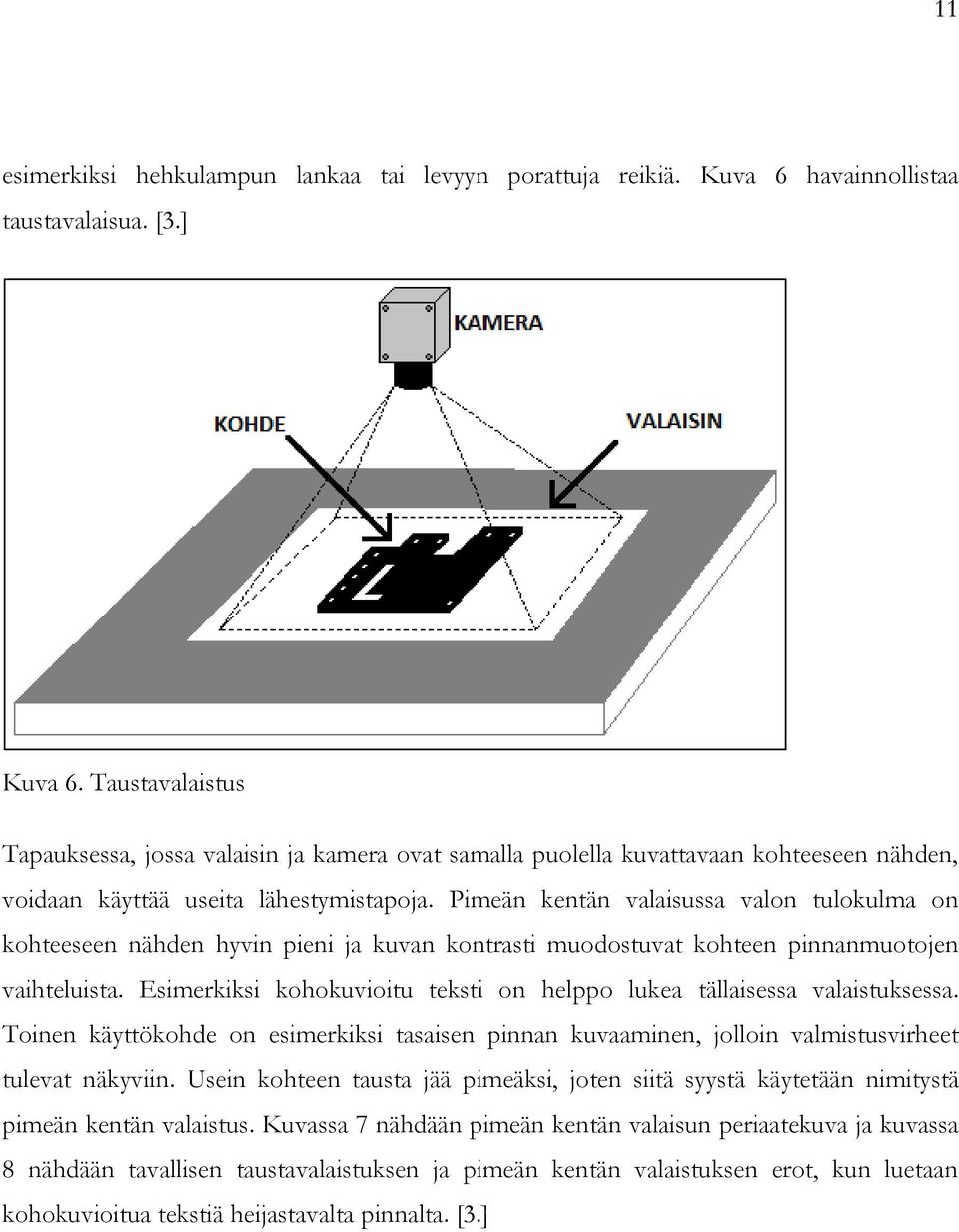 Pimeän kentän valaisussa valon tulokulma on kohteeseen nähden hyvin pieni ja kuvan kontrasti muodostuvat kohteen pinnanmuotojen vaihteluista.