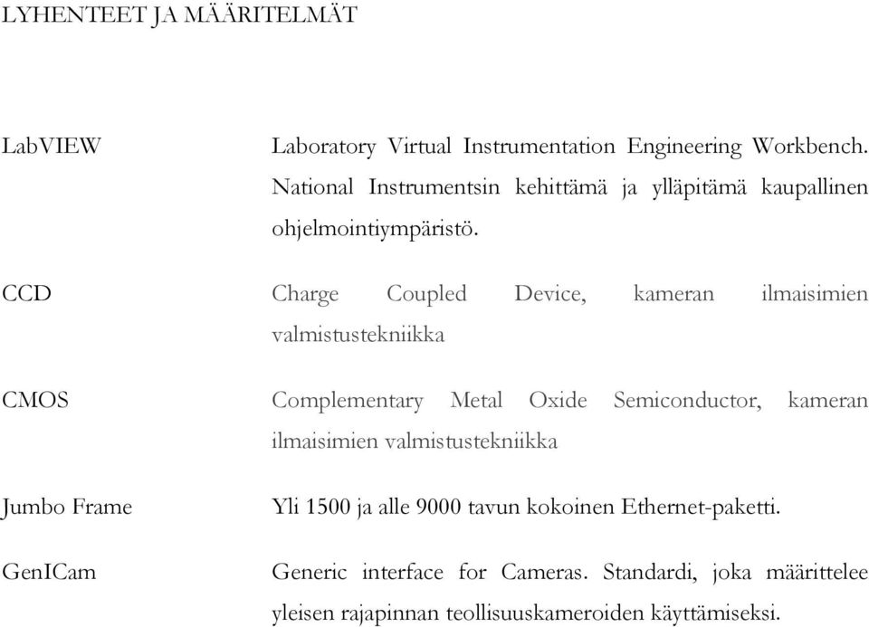 CCD Charge Coupled Device, kameran ilmaisimien valmistustekniikka CMOS Complementary Metal Oxide Semiconductor, kameran