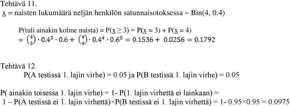 lajin virhe) = 0.05 ja P(B testissä 1. lajin virhe) = 0.05 P( ainakin toisessa 1.