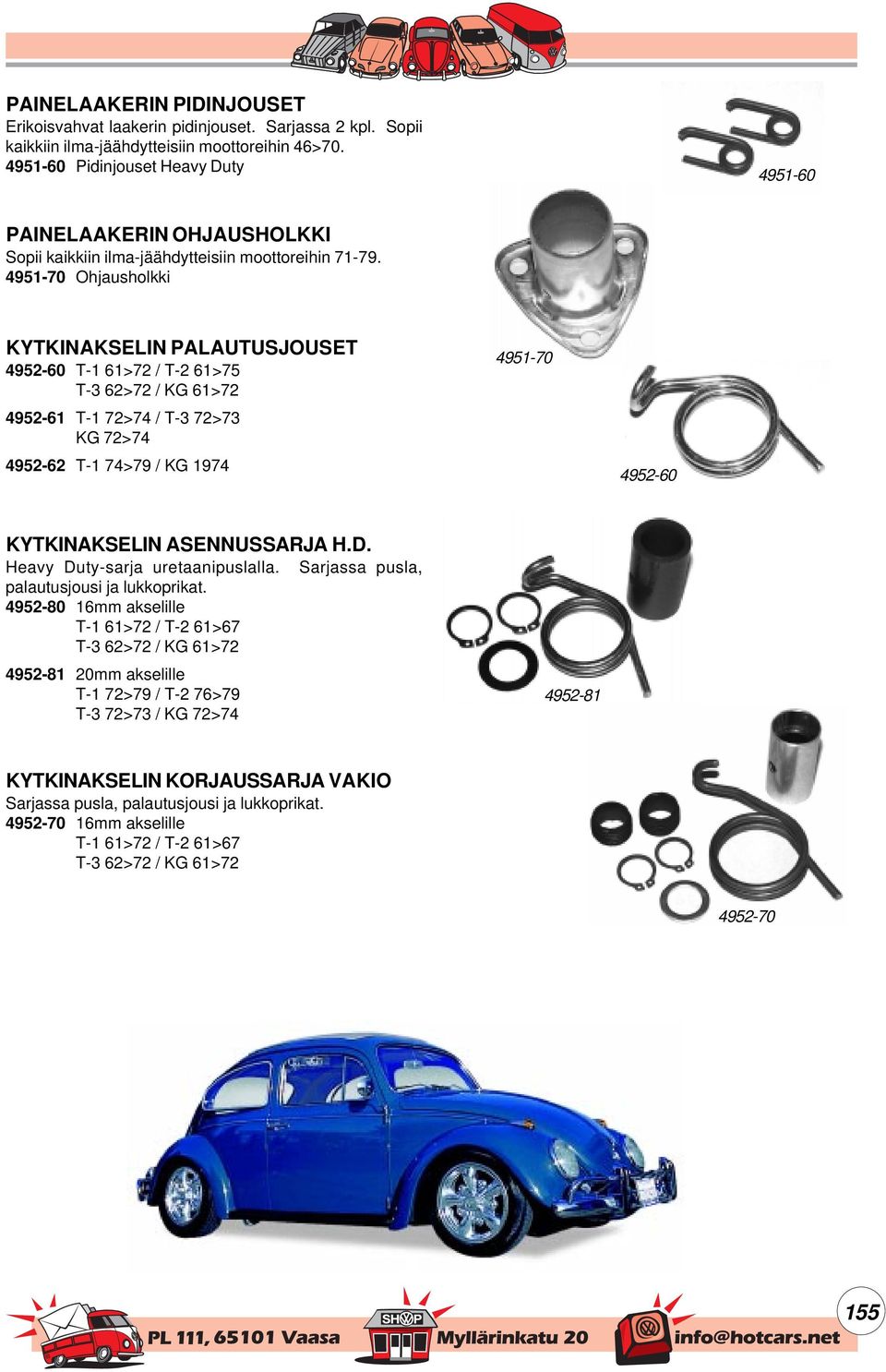 4951-70 Ohjausholkki KYTKINAKSELIN PALAUTUSJOUSET 4952-60 T-1 61>72 / T-2 61>75 4952-61 T-1 72>74 / T-3 72>73 KG 72>74 4952-62 T-1 74>79 / KG 1974 4951-70 4952-60 KYTKINAKSELIN ASENNUSSARJA H.D.