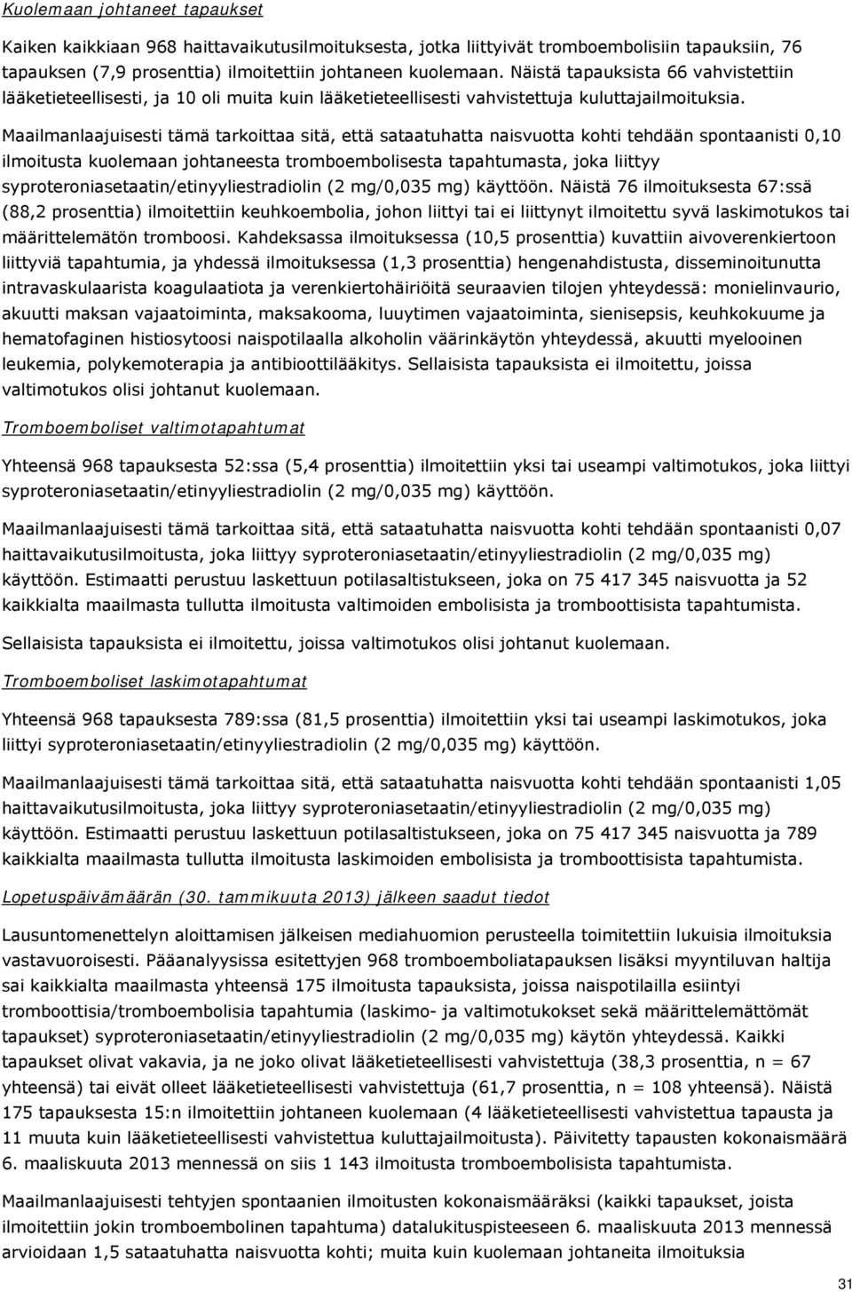 Maailmanlaajuisesti tämä tarkoittaa sitä, että sataatuhatta naisvuotta kohti tehdään spontaanisti 0,10 ilmoitusta kuolemaan johtaneesta tromboembolisesta tapahtumasta, joka liittyy