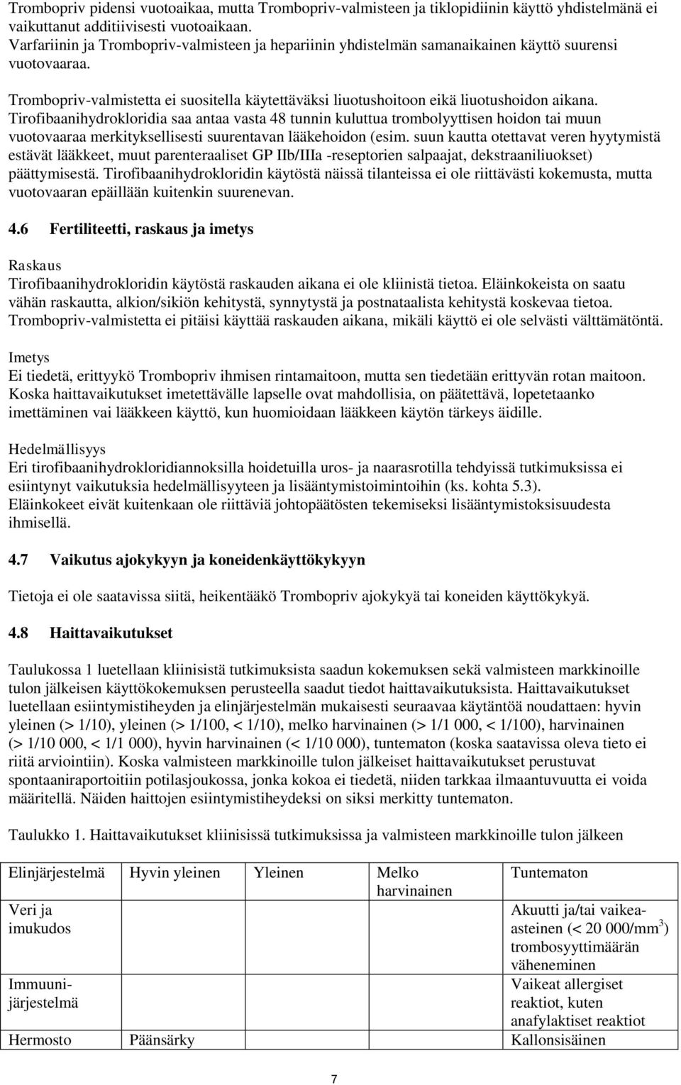 Tirofibaanihydrokloridia saa antaa vasta 48 tunnin kuluttua trombolyyttisen hoidon tai muun vuotovaaraa merkityksellisesti suurentavan lääkehoidon (esim.