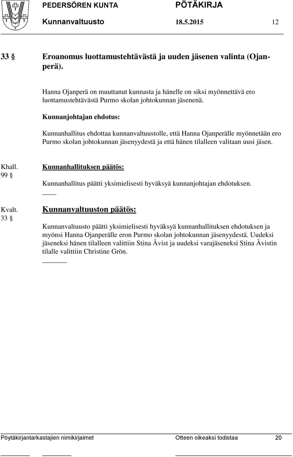 Kunnanjohtajan ehdotus: Kunnanhallitus ehdottaa kunnanvaltuustolle, että Hanna Ojanperälle myönnetään ero Purmo skolan johtokunnan jäsenyydestä ja että hänen tilalleen valitaan uusi jäsen. Khall.