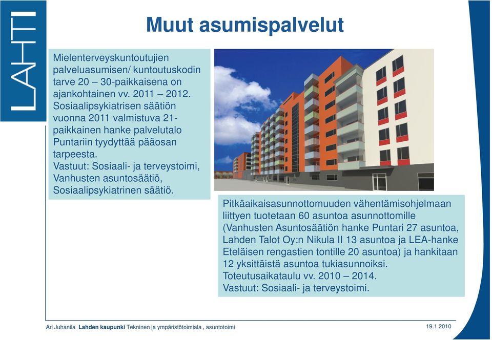 Vastuut: Sosiaali- ja terveystoimi, Vanhusten asuntosäätiö, Sosiaalipsykiatrinen säätiö.