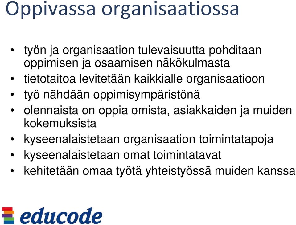 olennaista on oppia omista, asiakkaiden ja muiden kokemuksista kyseenalaistetaan organisaation