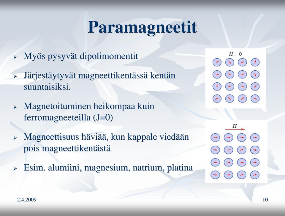 Magnetoituminen heikompaa kuin ferromagneeteilla (J=0) Magneettisuus