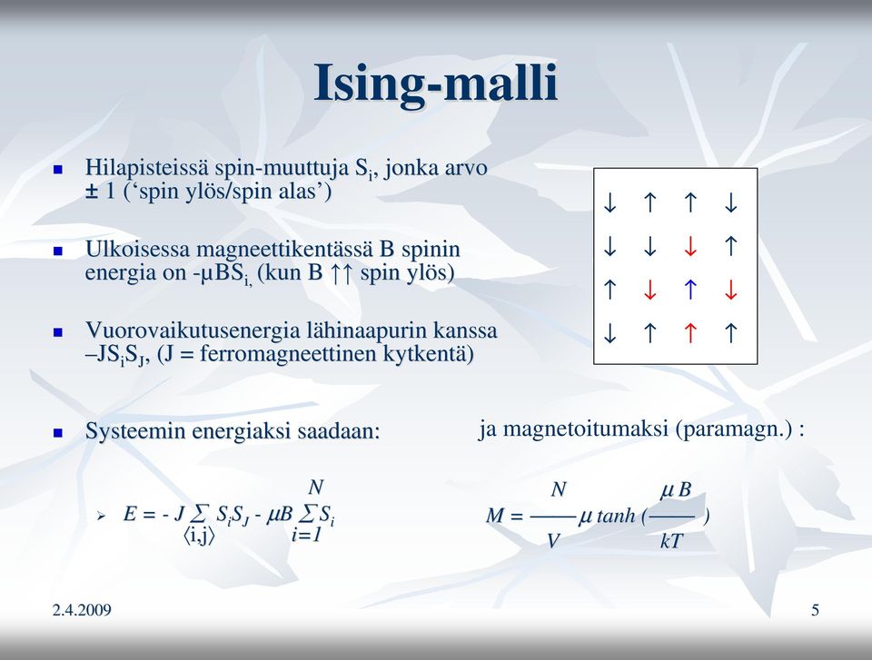 lähinaapurin l kanssa JS i S J, (J = ferromagneettinen kytkentä) Systeemin energiaksi saadaan: ja