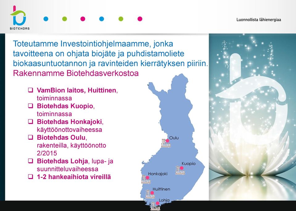 Rakennamme Biotehdasverkostoa VamBion laitos, Huittinen, toiminnassa Biotehdas Kuopio, toiminnassa Biotehdas