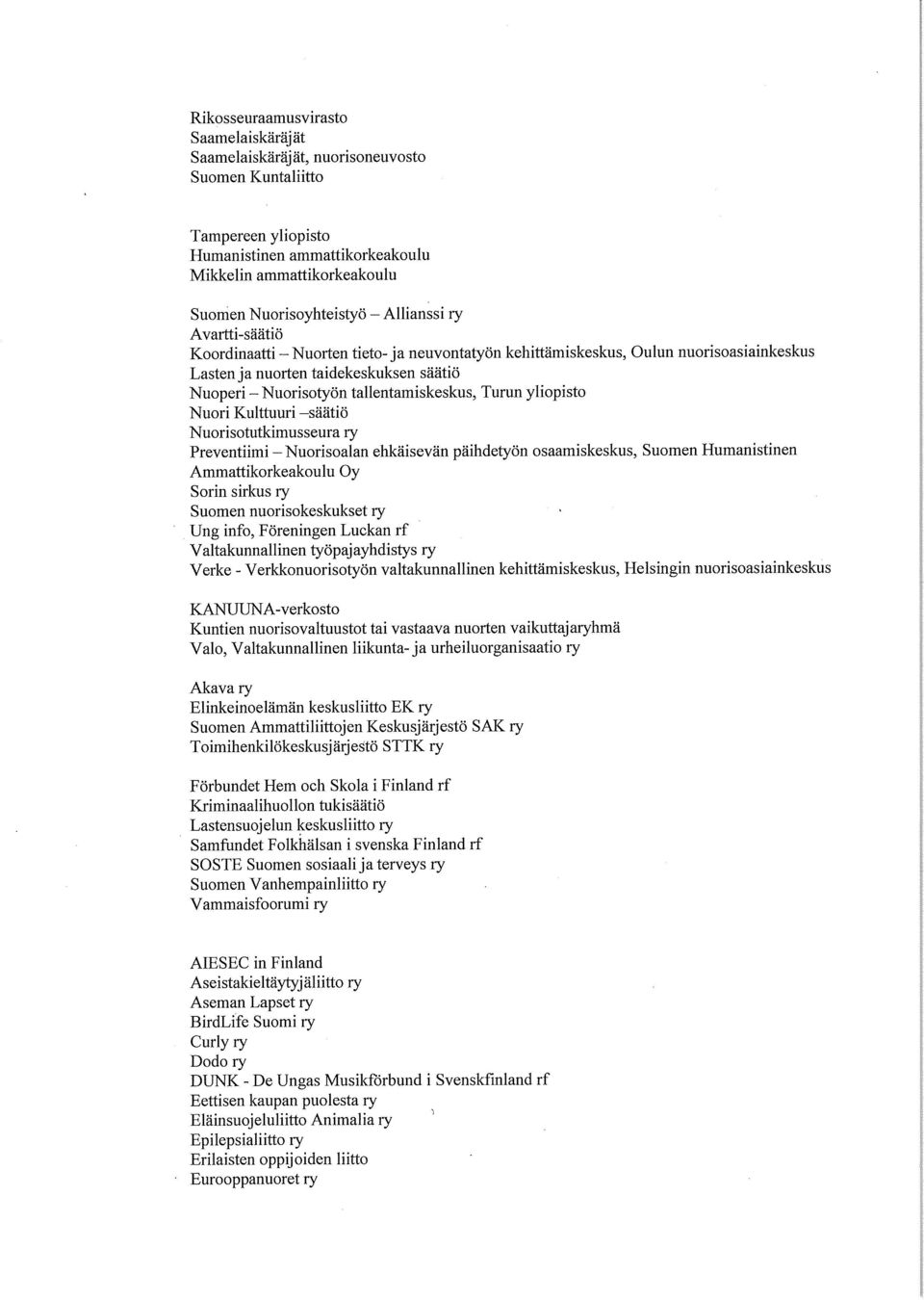 Turun yliopisto Nuori Kulttuuri -säätiö Nuorisotutkimusseura ry Preventiimi - Nuorisoalan ehkäisevän päihdetyön osaamiskeskus, Suomen Humanistinen Ammattikorkeakoulu Oy Sorin sirkus ry Suomen