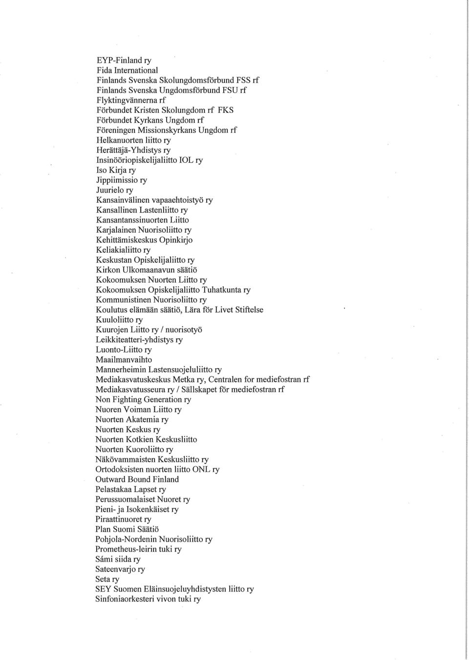 Kansallinen Lastenliitto ry Kansantanssinuorten Liitto Karjalainen Nuorisoliitto ry Kehittämiskeskus Opinkirjo Keliakialiitto ry Keskustan Opiskelijaliitto ry Kirkon Ulkomaanavun säätiö Kokoomuksen