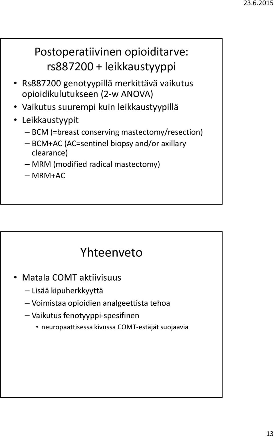 (AC=sentinel biopsy and/or axillary clearance) MRM (modified radical mastectomy) MRM+AC Yhteenveto Matala COMT aktiivisuus