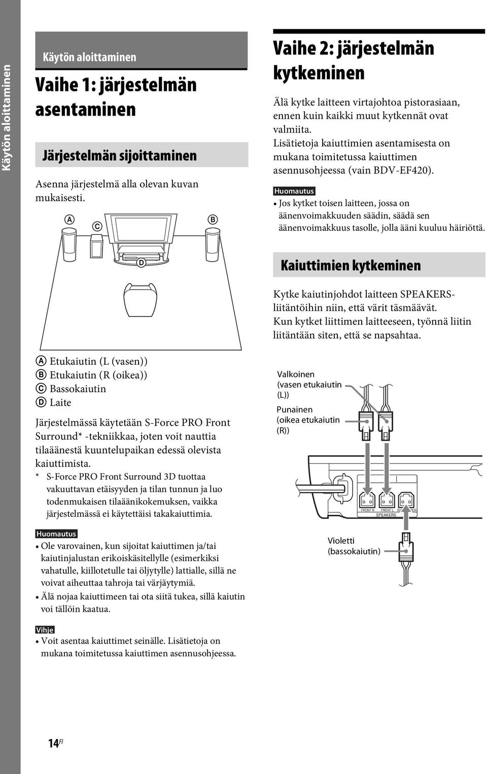 Lisätietoja kaiuttimien asentamisesta on mukana toimitetussa kaiuttimen asennusohjeessa (vain BDV-EF420).