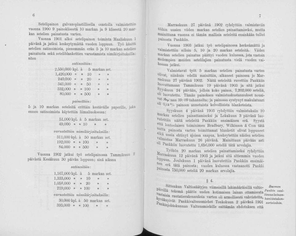 Työ käsitti setelien satinoimista, pienemmän erän 5 ja 10 markan setelien painatusta sekä seteliblankettien varustamista nimikirjoituksilla; siten satinoitiin: 2.550.000 kpl. ä 5 markan set. 1.420.