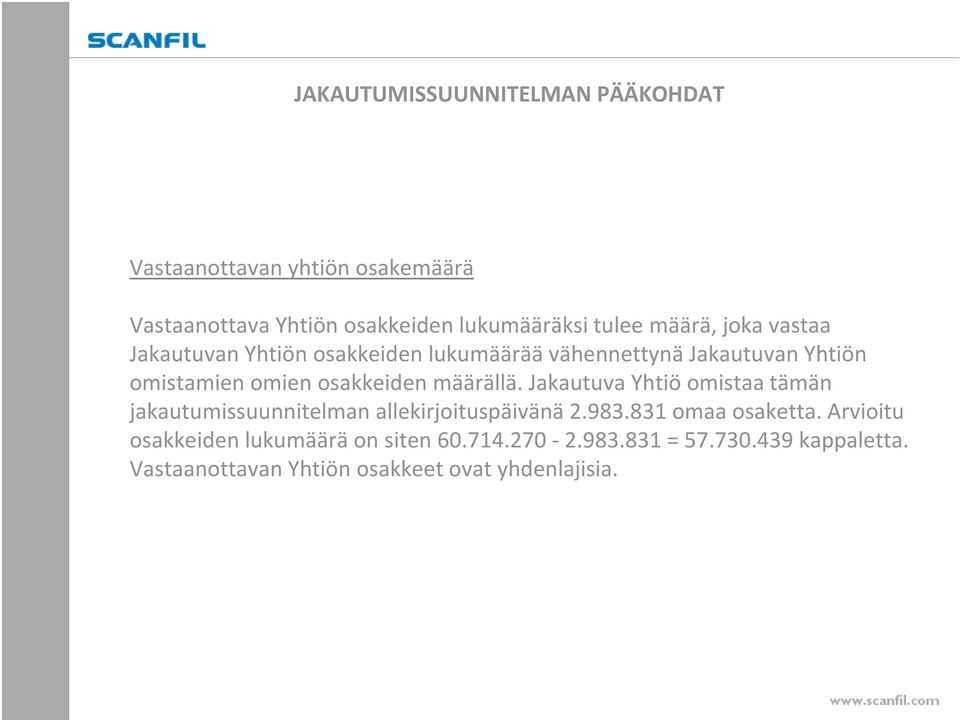 Jakautuva Yhtiö omistaa tämän jakautumissuunnitelman allekirjoituspäivänä 2.983.831 omaa osaketta.