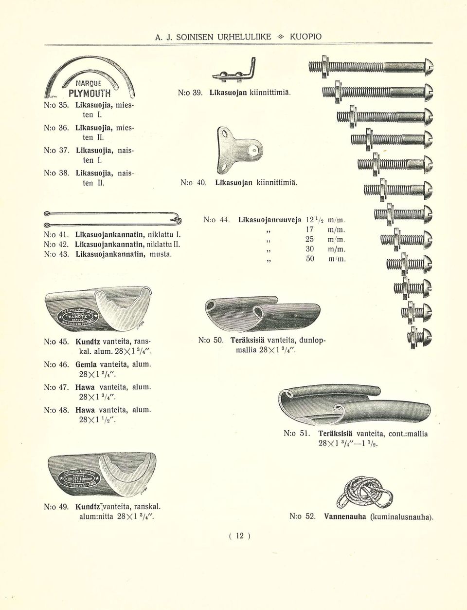 ~ 25 30 50 m'm. m/m. m/m. Nro 45. Kundtz vanteita, ranskal. alum. 28X1 3 A"- Nro 46. Gemla vanteita, alum. 28X1 3 A" Nro 47. Hawa vanteita, alum. 28X1 3 A"- Nro 48. Havva vanteita, alum.