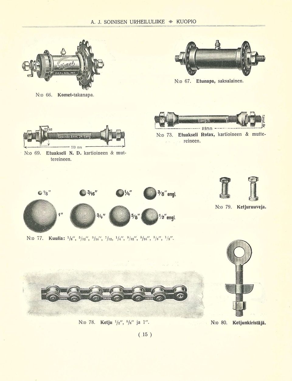 Etuakseli N. D. kartioineen & muttereineen. N:o 79. Ketjuruuveja N:o 77.