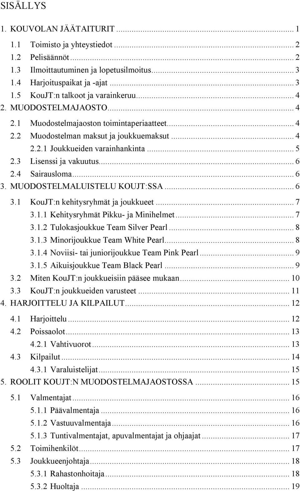 4 Sairausloma... 6 3. MUODOSTELMALUISTELU KOUJT:SSA... 6 3.1 KouJT:n kehitysryhmät ja joukkueet... 7 3.1.1 Kehitysryhmät Pikku- ja Minihelmet... 7 3.1.2 Tulokasjoukkue Team Silver Pearl... 8 3.1.3 Minorijoukkue Team White Pearl.