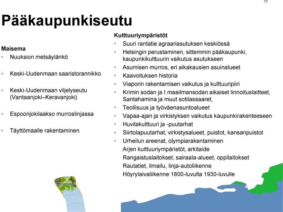 Kaavoituksen historia Viaporin rakentamisen vaikutus ja kulttuuripiiri Krimin sodan ja I maailmansodan aikaiset linnoituslaitteet, Santahamina ja muut sotilassaaret, Teollisuus ja työväenasuntoalueet